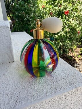 Vintage Rainbow Art Glass Perfume Atomizer Multicolor Ribbed Bottle Brass Bulb